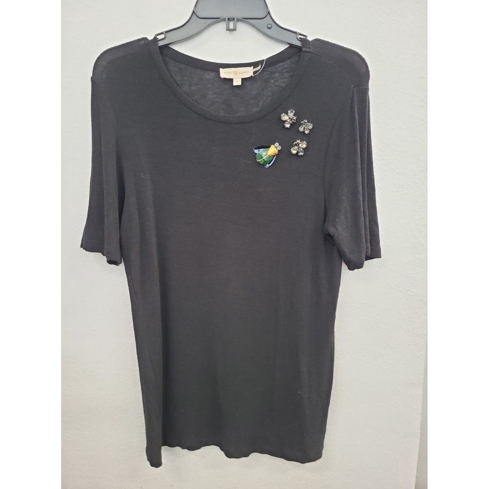 Tory Burch Embellished Short-Sleeve Knit Tee, Black, Size Medium